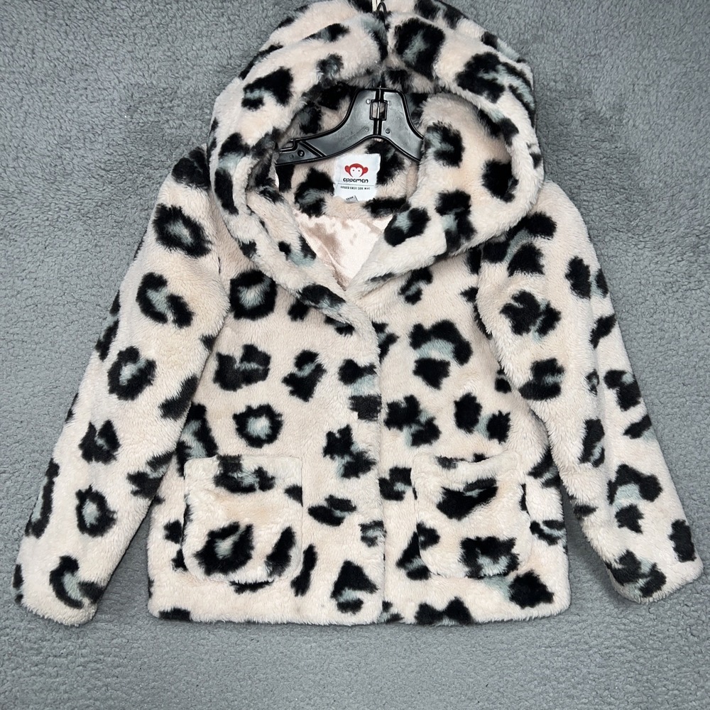 Appaman Cleo Sweater Youth Sz 10 Pink Hooded Faux Fur Cheetah Leopard Print Coat